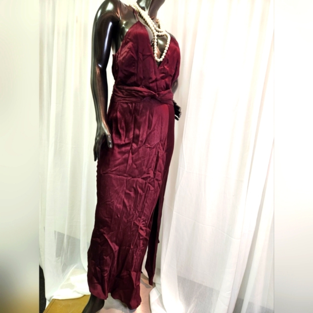 Halter Gown In Wine With Slit, Back Zipper & Closure